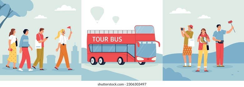 Excursion composition set with sightseeing symbols flat isolated vector illustration