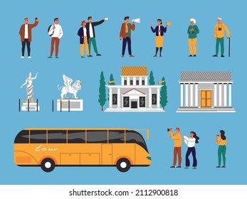Excursion flat color set of tourists photographing sights and guides conducting tours isolated vector illustration