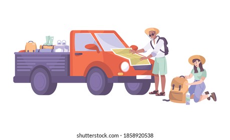 Excursion flat composition with images of truck being loaded by tourists couple vector illustration