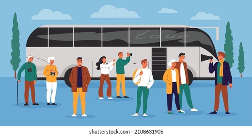 Excursion flat composition with speaking tour guide and travellers photographing sights at sightseeing bus background vector illustration