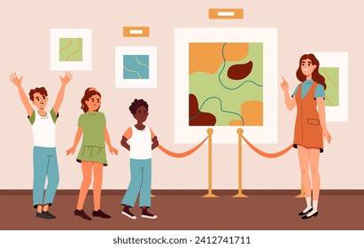 Excursion to gallery concept. Woman with kids in museum or exhibition. Cultural rest and leisure. Education about art and creative objects. Teacher with upils. Cartoon flat vector illustration