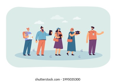 Excursion Group Following Guide With Gadgets And Map. Flat Vector Illustration. Happy Tourists Travelling, Visiting Museums, Cities, Sightseeing. Vacation, Travel, Tourism Concept For Banner Design