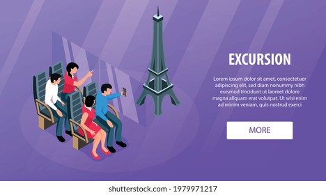 Excursion horizontal banner with passengers sitting in tour bus and photographing interesting places isometric vector illustration