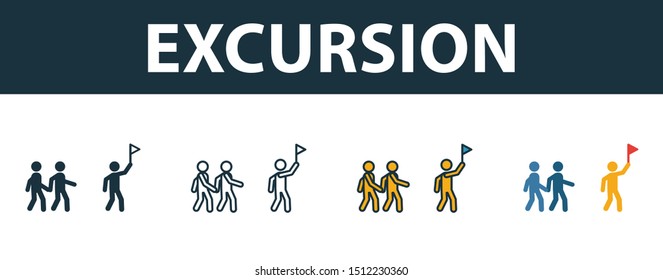 Excursion icon set. Four elements in diferent styles from tourism icons collection. Creative excursion icons filled, outline, colored and flat symbols.