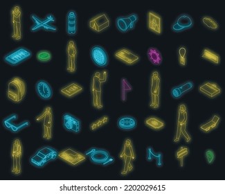 Excursion icons set. Isometric set of excursion vector icons neon color on black