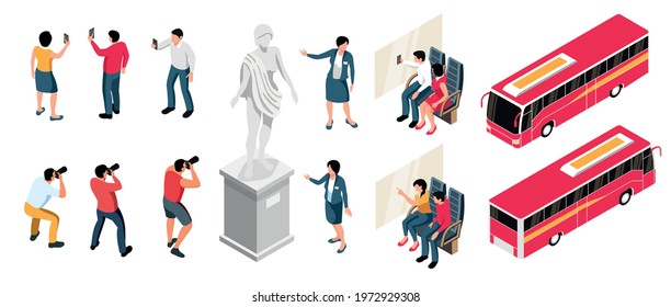 Excursion isometric icons set of tourists photographing sights guides conducting guided tours and red sightseeing buses isolated vector illustration