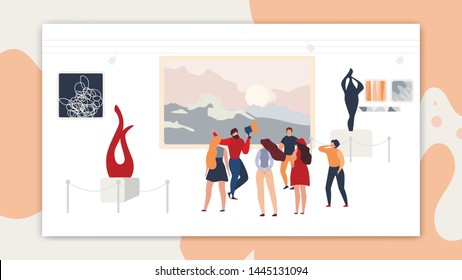 Excursion Modern Abstract Art Gallery or Museum. Visitors Exhibition Gallery or Museum Listen Guide, Look Paintings, Sculptures, Installations Modern Abstract Art. Vector flat illustration.