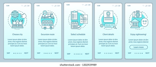 Excursion onboarding mobile app page screen vector template. City route event. Tourism, sightseeing. Walkthrough website steps with linear illustrations. UX, UI, GUI smartphone interface concept