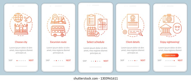Excursion onboarding mobile app page screen vector template. City route event. Tourism, showplace. Walkthrough website steps with linear illustrations. UX, UI, GUI smartphone interface concept