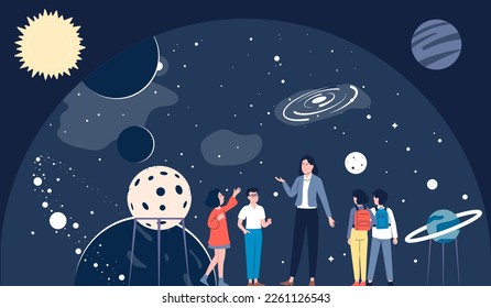 Excursion to the planetarium, astronomy lesson teacher in cosmonautics museum. School kids group study universe and planets recent vector scene