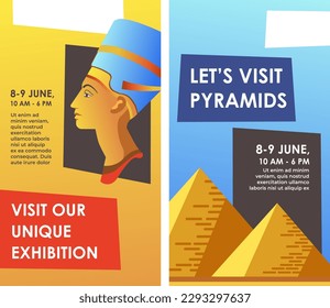 Excursion to pyramids, visit our unique exhibition and explore Egyptian culture. Trips and traveling, tourist destination with guide. Program with information about route. Vector in flat style