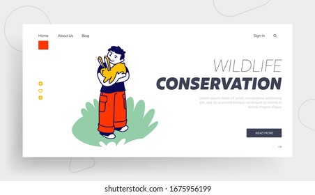 Excursion to Ranch or Village Farmyard Landing Page Template. Happy Boy Character Hugging Cute Little Rabbit in Farm Zoo. Care of Animals, Summer Spare Time with Animals. Linear Vector Illustration