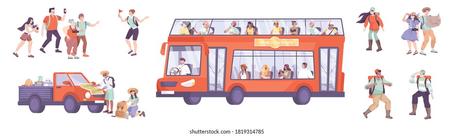 Juego de excursiones de iconos planos con el autobús de turismo de coches y personajes humanos de viajeros y turistas ilustración vectorial