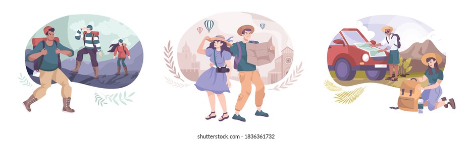 Excursion set of three outdoor compositions with flat human characters of mountain hikers and city tourists vector illustration