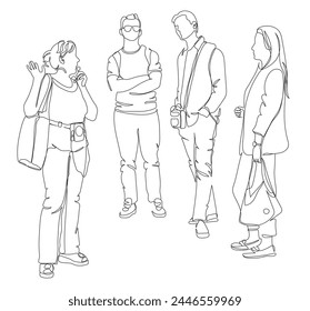 Excursion tour. People standing and listening to the guide. Continuous line drawing. Black and white vector illustration in line art style.