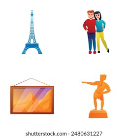 Excursion tourism icons set cartoon vector. People couple near landmark. Sightseeing, active leisure