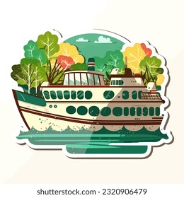 Excursion tourist boat. Summer adventure cruise. Cartoon illustration. white background, label, sticker