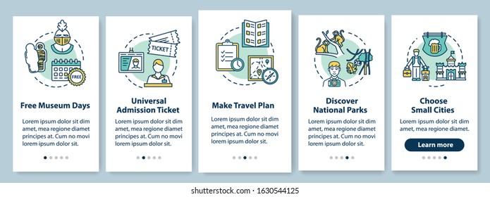 Excursions onboarding mobile app page screen, concepts. Free museum days. Choose small cities. Budget traveling walkthrough five steps graphic instructions. UI vector template, RGB color illustrations