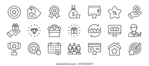 Ícones de linha fina Benefício Exclusivo. Ícone para infográfico de design, site, banner, brochura, apresentação, logotipo, aplicativo, ui, ux etc. Ilustração vetorial