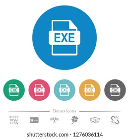 EXE file format flat white icons on round color backgrounds. 6 bonus icons included.
