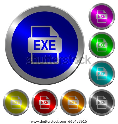 EXE file format icons on round luminous coin-like color steel buttons