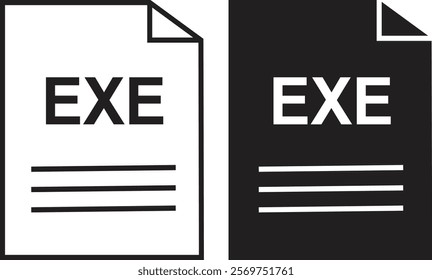 EXE file icon set. EXE file type symbol. File EXE format icon in black filled and outlined style isolated on transparent background. Ideal for technology or data related content, vector illustration.