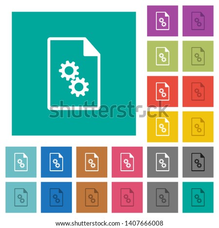 Executable file multi colored flat icons on plain square backgrounds. Included white and darker icon variations for hover or active effects.