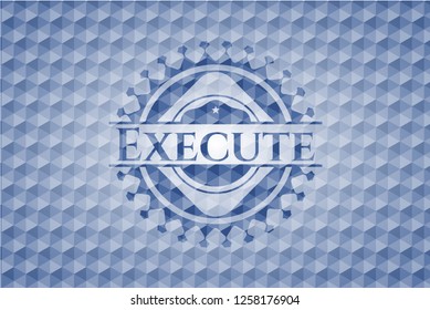 Execute blue emblem or badge with abstract geometric polygonal pattern background.