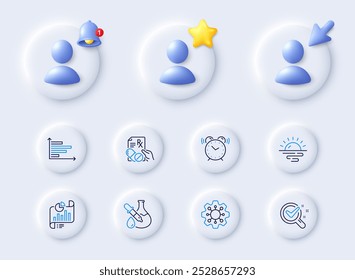 Execute, Chemistry experiment and Chemistry lab line icons. Placeholder with 3d cursor, bell, star. Pack of Horizontal chart, Alarm clock, Prescription drugs icon. Vector