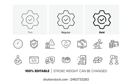 Execute, Confirmed and Work home line icons. Pack of Businessman run, Interview, Wallet icon. Place, Speedometer, Share pictogram. Clock, Smile chat, Petrol station. Seo script. Line icons. Vector