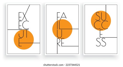 Ejecuta el error correcto, vector. Diseño de palabras, letras. Diseño de afiches minimalistas escandinavos de tres piezas. Citas motivacionales e inspiradoras