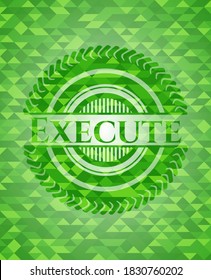 Ejecutar emblema verde con fondo de estilo ecológico de mosaico. Ilustración vectorial. Detallado. 