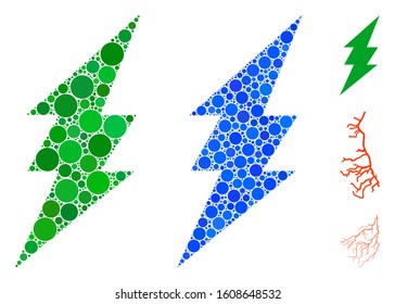 Execute mosaic of filled circles in different sizes and color hues, based on execute icon. Vector filled circles are united into blue illustration. Dotted execute icon in usual and blue versions.