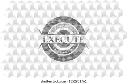 Execute realistic grey emblem with geometric cube white background