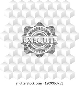 Execute retro style grey emblem with geometric cube white background