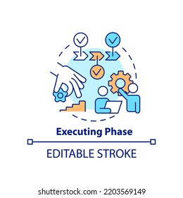 Executing phase concept icon. Process of tasks completing. Project management abstract idea thin line illustration. Isolated outline drawing. Editable stroke. Arial, Myriad Pro-Bold fonts used