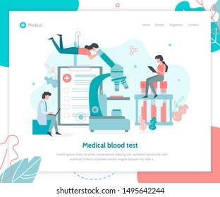 Execution a blood test in the medical laboratory. Landing design template. Flat vector illustration.