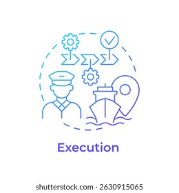 Ícone de conceito de gradiente azul de execução. Implementação do itinerário de viagem aprovado. Fase de planeamento da passagem. Ilustração de linha de forma redonda. Ideia abstrata. Design gráfico. Fácil de usar no livreto