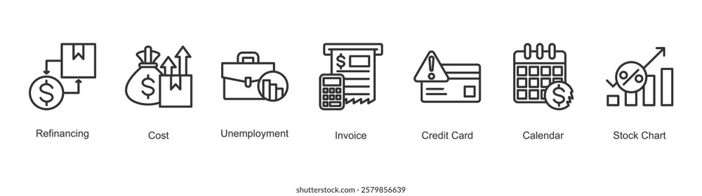 Execution Icon Refinancing, Cost, Unemployment, Invoice, Credit Card, Calendar, Stock Chart