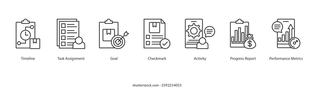 Execution Icon Sheet timeline, task assignment, goal, checkmark, activity, progress report, performance metrics