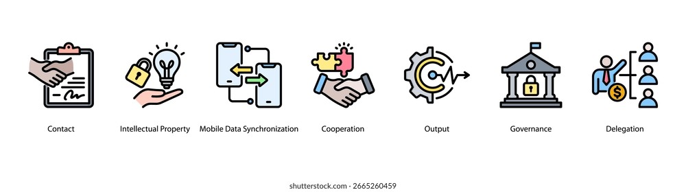 Ilustração do vetor do ícone do banner da Web do Gerenciamento de Execução apresentando Contato, Propriedade Intelectual, Sincronização de Dados Móveis, Cooperação, Saída, Governança e Delegação.