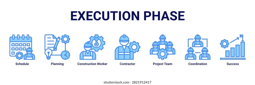 Execution Phase web banner icon vector illustration with icons of Schedule,Planning,Construction Worker,Contractor,Project Team,Coordination and Success