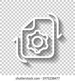 Execution process, implement ideas, gear icon. White linear icon with editable stroke and shadow on transparent background