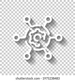 Execution process, implement ideas, gear icon. White linear icon with editable stroke and shadow on transparent background