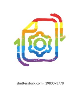 Execution process, implement ideas, gear icon. Drawing sign with LGBT style, seven colors of rainbow (red, orange, yellow, green, blue, indigo, violet
