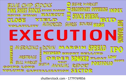 Execution a Share market related text cloud presented on colorful vector abstract for magazine prints.