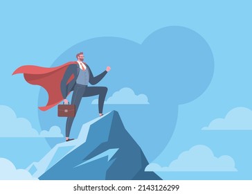 Execution success, Business goals, achieve target, successful career or victory concept. Businessman is standing on the top of mountain peak as a superhero in blue background.