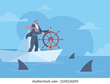 Execution to success, crisis management, problems solving or leadership concept. Businessman controlling the navigation of paper boat through shiver of sharks in blue background.