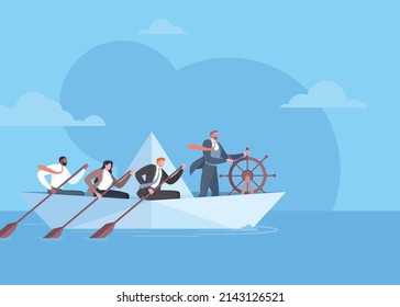 Execution to success, crisis management, problems solving, teamwork or leadership concept. Businessman is controlling the navigation of paper boat through the ocean with his team in blue background.