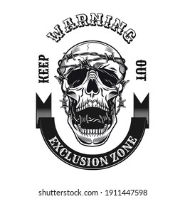 Execution zone tattoo design. Monochrome element with skull and barbed wire vector illustration with text. Danger or defense concept for emblems and labels templates